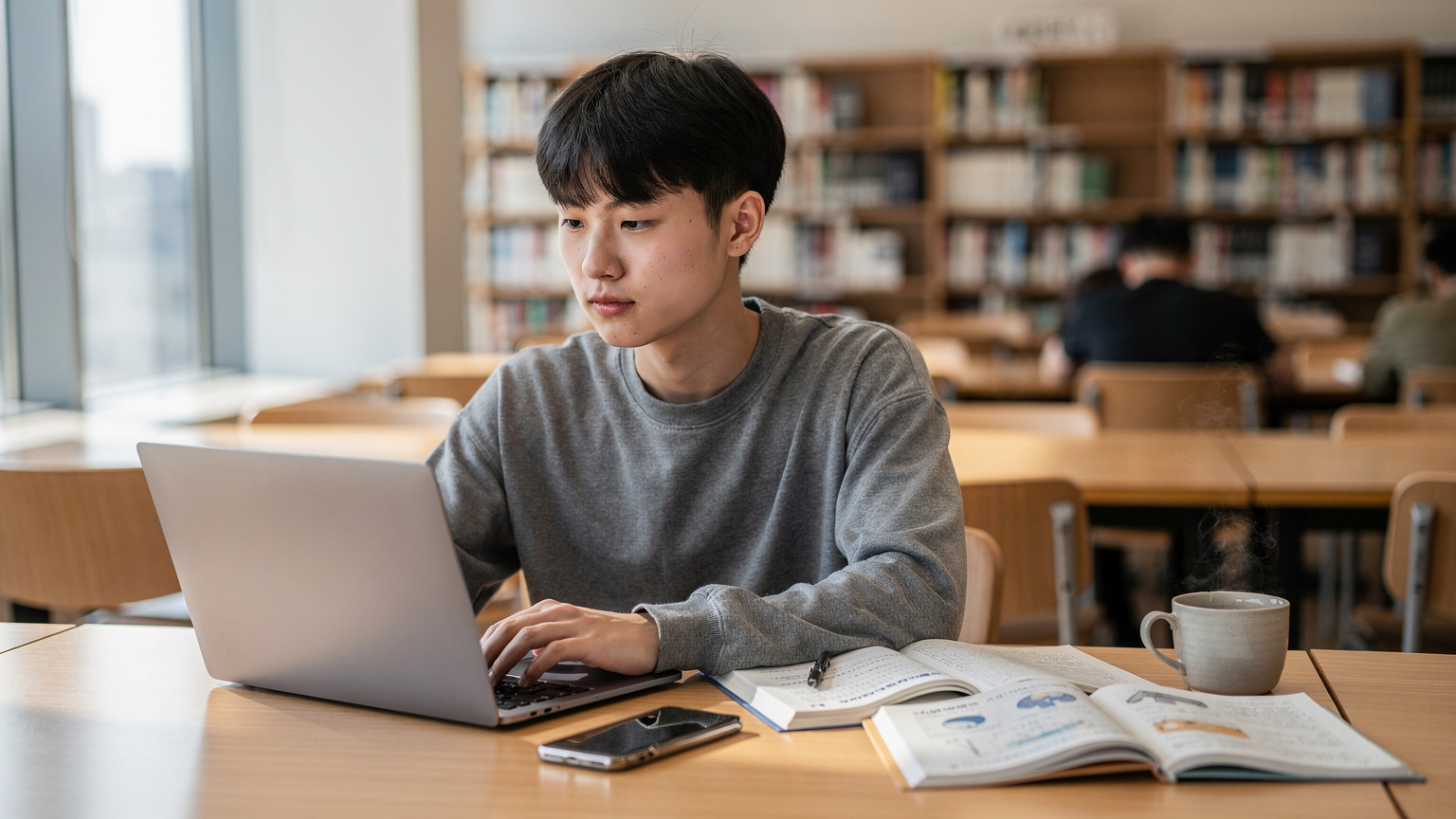 一名中国留学生在首尔延世大学图书馆内,专注地使用笔记本电脑和智能手机,桌上放着韩语教材和咖啡。