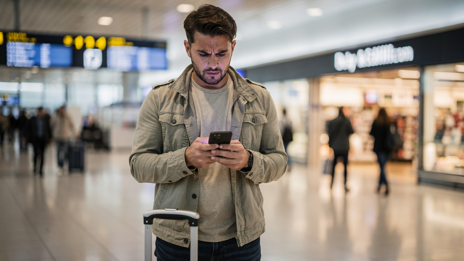 Un călător, cu o valiză în prim plan, se uită cu o expresie îngrijorată la ecranul telefonului său, într-un hol aglomerat de aeroport, sugerând o problemă de conectivitate.