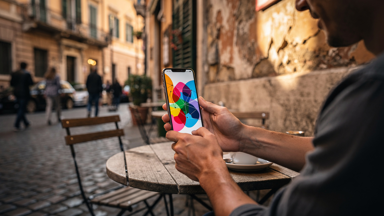 O persoană ține un smartphone, afișând o hartă de acoperire a rețelei, în timp ce așteaptă la o cafenea din Roma.