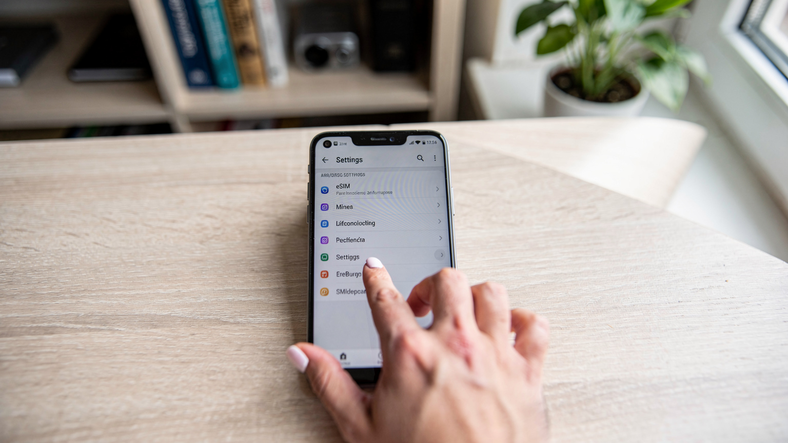 O mână navighează prin meniul de setări al unui telefon Android, arătând opțiunea de adăugare a unui eSIM, pe fundalul unui birou ordonat.