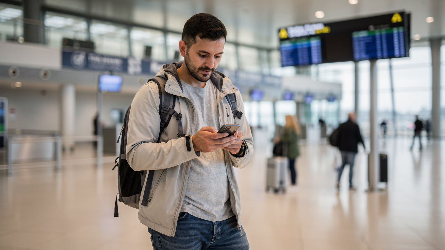 Ein Reisender am Flughafen Tirana in Albanien prüft auf seinem Smartphone die Netzabdeckung, bevor er das Land erkundet.