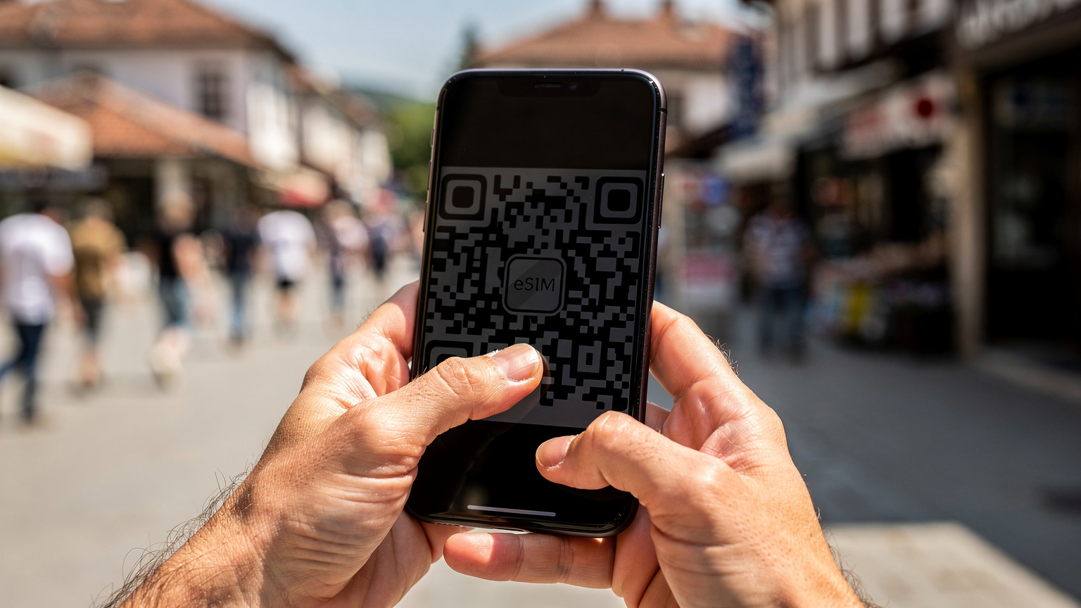 Nahaufnahme eines Smartphones mit einer angezeigten eSIM-Installationsanleitung, gehalten von Händen vor einer belebten Straße in Skopje, Nordmazedonien.