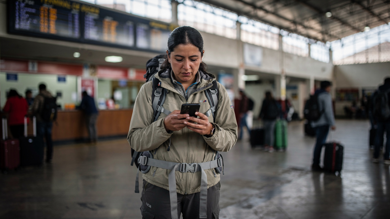 A woman with a backpack looking at her phone inside the bustling Terminal de Buses in La Paz, Bolivia, surrounded by people and bus signs.