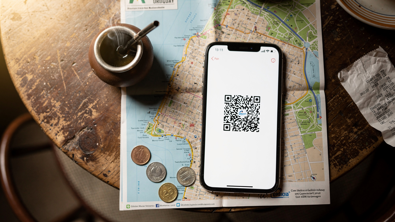 Un smartphone moderno muestra un código QR de activación de Cellesim para Uruguay, sostenido sobre un mapa turístico de Montevideo extendido en una mesa de madera de un café.