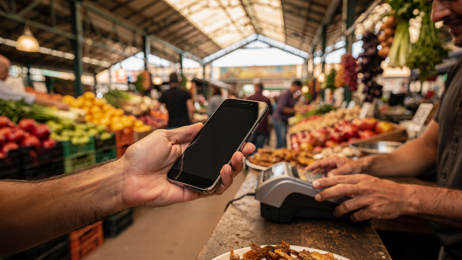 Un viajero con su teléfono en la mano paga en un puesto de comida en el vibrante Mercado Agrícola de Montevideo, con los productos frescos y la gente de fondo.