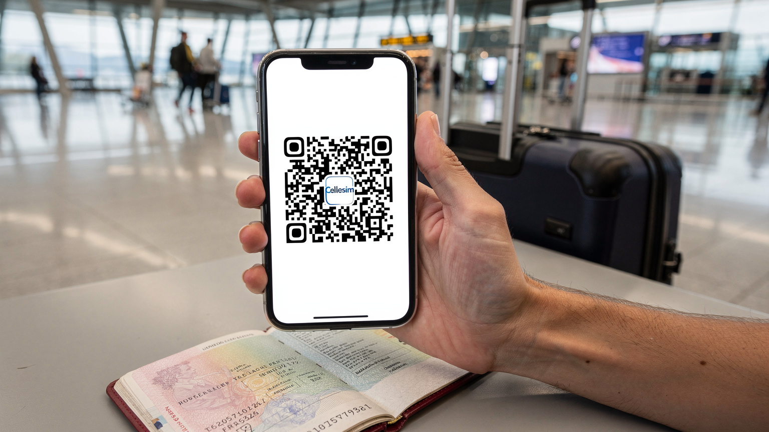 Une main adulte tenant un smartphone affichant un QR code Cellesim prêt à être scanné, avec un passeport français ouvert et une petite valise à roulettes en arrière-plan flou, dans un hall d'aéroport animé de Genève.