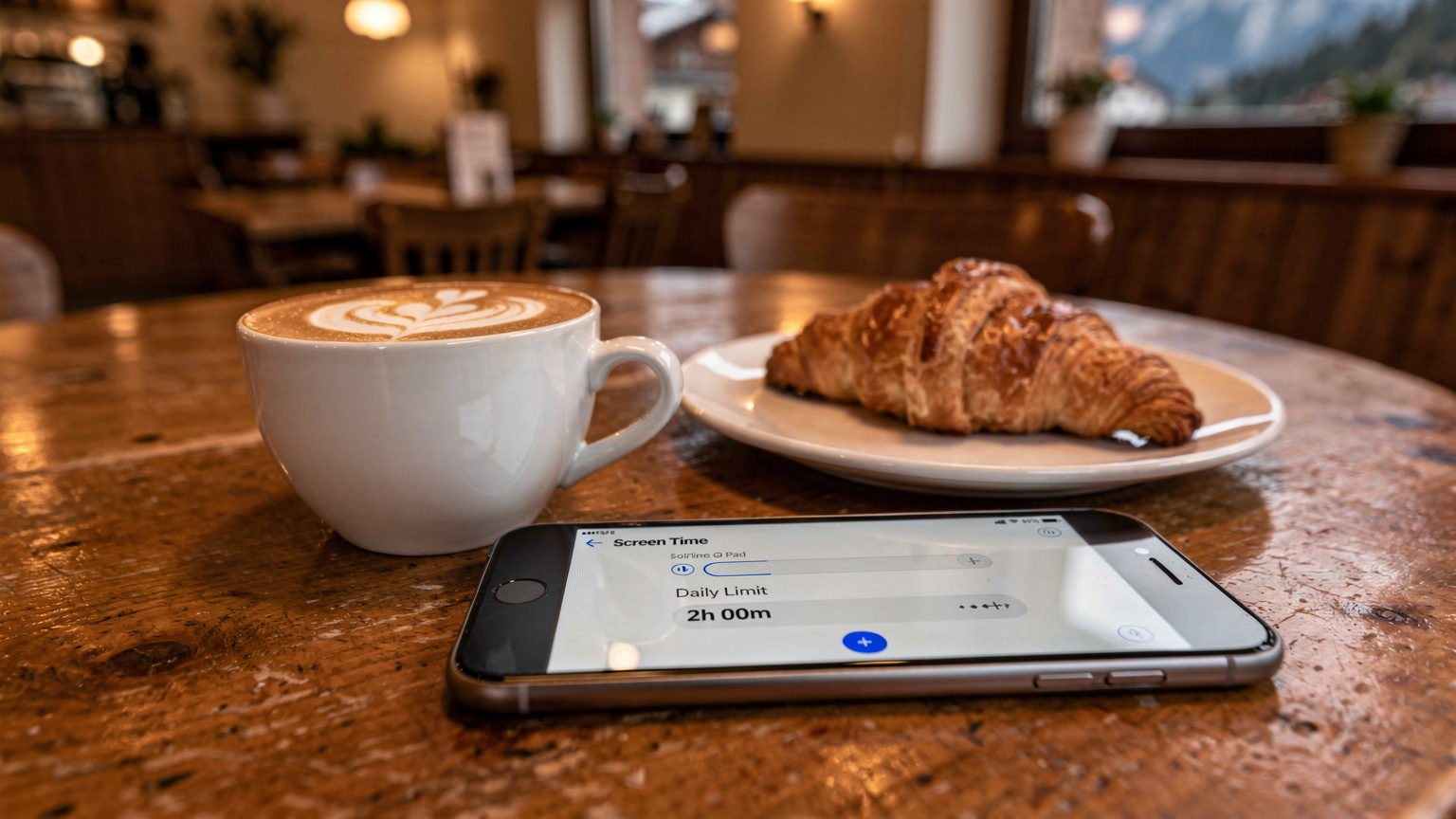 Un smartphone affichant une application de contrôle parental avec des réglages de temps d'écran pour un iPad, posé sur une table de café en bois avec un cappuccino et un croissant, à Vaduz, Liechtenstein.