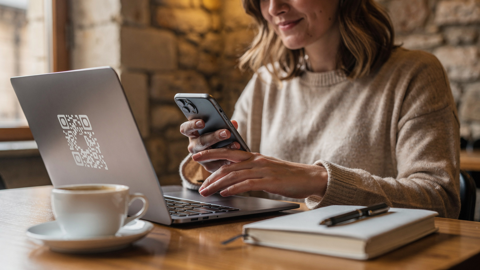 Una viaggiatrice scannerizza un QR code da un laptop per attivare la sua eSIM, seduta al tavolo di un caffè accogliente e ben illuminato a San Marino, con una tazza di caffè e un taccuino vicino.