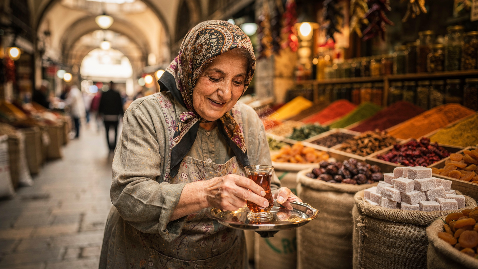 Una donna anziana sorridente offre del tè turco in un mercato di spezie di Istanbul, circondata da colori vivaci e profumi esotici.