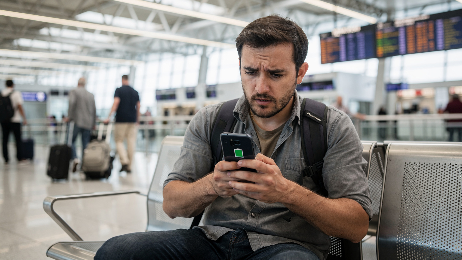 Un uomo con lo zaino in spalla guarda preoccupato lo schermo del suo telefono in un aeroporto, mentre la batteria è quasi scarica e la schermata mostra un'icona di scarsa connessione.