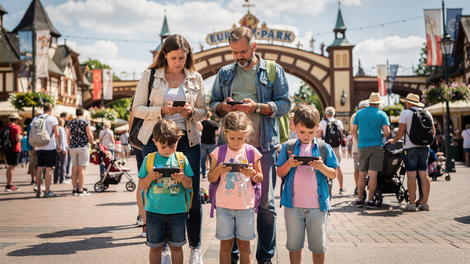A family of four, including two young children, standing in line at a bustling theme park entrance, all looking at their phones or tablets, trying to get a signal for park maps or ride wait times.