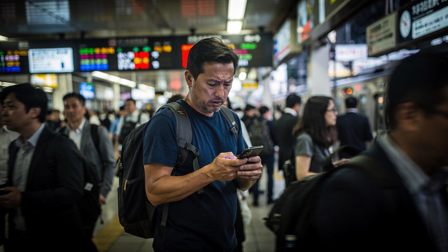 Un homme d'une quarantaine d'années, sac à dos sur l'épaule, regarde son smartphone avec une expression d'incrédulité et de frustration, au milieu de la foule dense et des néons de la gare de Shinjuku à Tokyo, en soirée.