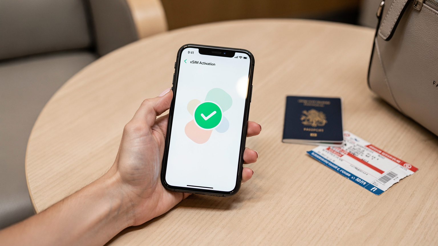 Une main féminine bien entretenue tient un iPhone affichant un écran de confirmation d'activation d'eSIM, posé sur une table basse en bois clair. En arrière-plan flou, un passeport français et une carte d'embarquement sont visibles, suggérant un départ imminent dans un salon d'aéroport moderne.