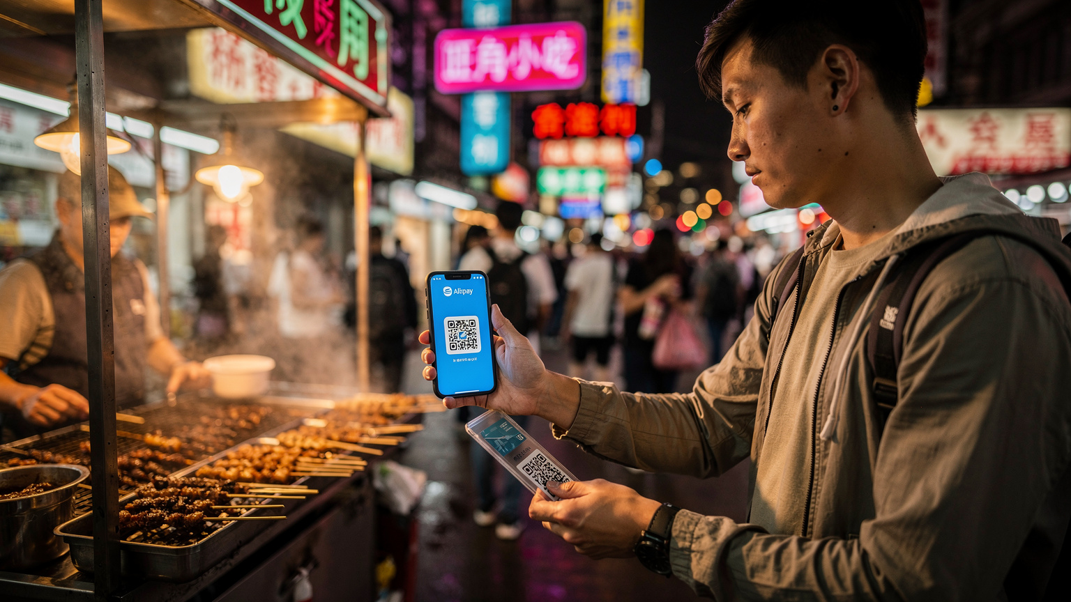 一位中国旅行者在香港旺角街头的一个小吃摊前,用智能手机扫描二维码进行移动支付。背景是香港典型的霓虹灯招牌和熙熙攘攘的人群,展现出独特的城市夜生活氛围。
