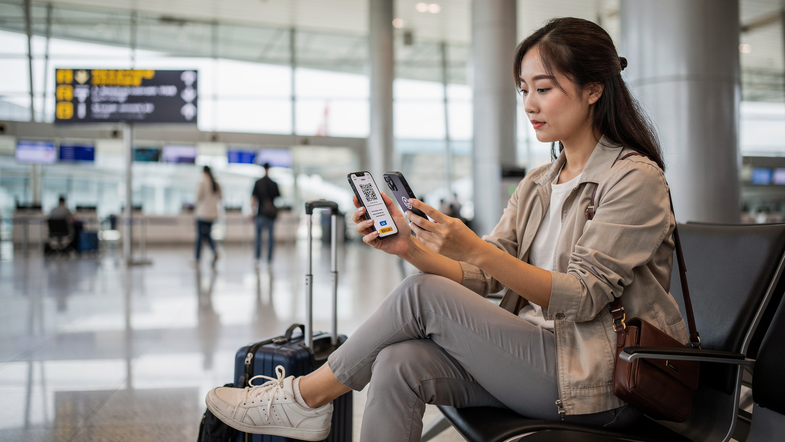 一位年轻的中国女性旅客坐在香港国际机场的休息区,手里拿着手机,屏幕上显示着一个eSIM二维码,她正专心致志地扫描并激活新购买的eSIM。她的行李箱在她脚边,背景是机场抵达大厅的现代玻璃幕墙和清晰的指示牌。