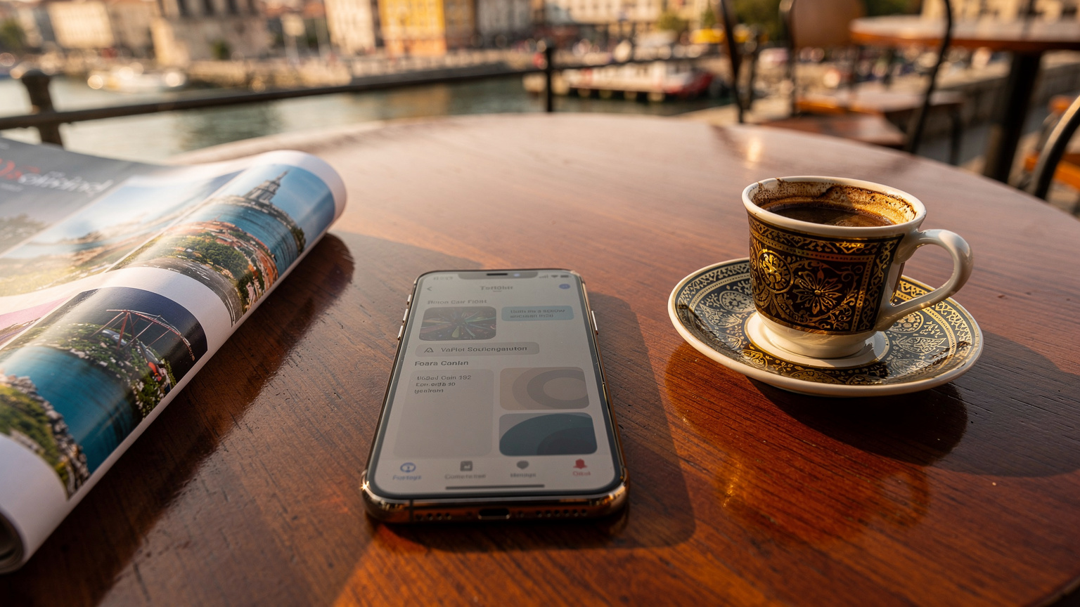 Un telefon mobil pe o masă de cafenea din Istanbul, afișând un ecran cu setările de rețea, alături de o ceașcă de cafea turcească și o revistă de călătorii.