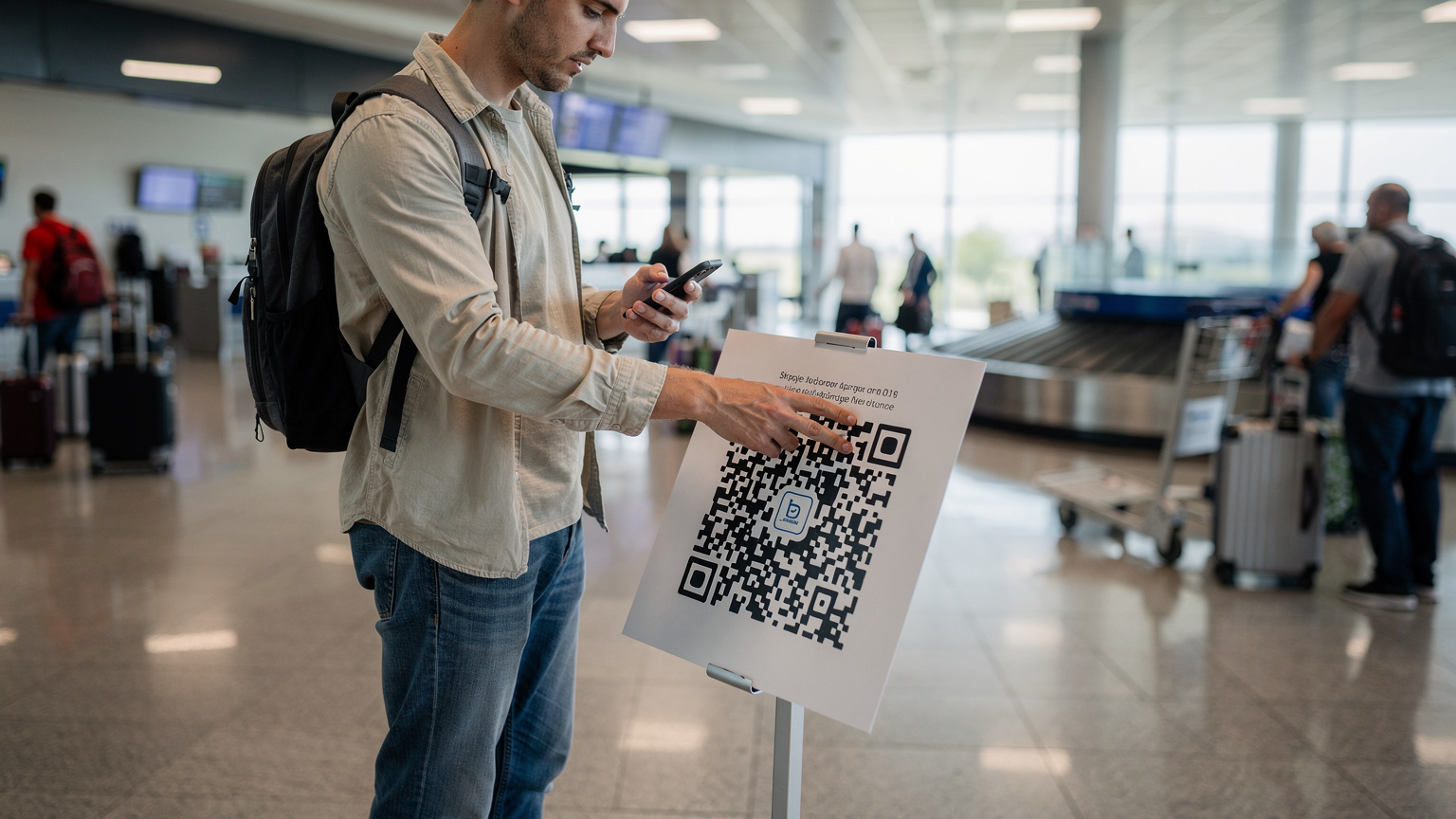 Ein Reisender am Flughafen Skopje, der auf seinem iPhone einen QR-Code für die eSIM-Installation scannt, während im Hintergrund andere Reisende und Gepäckbänder zu sehen sind.