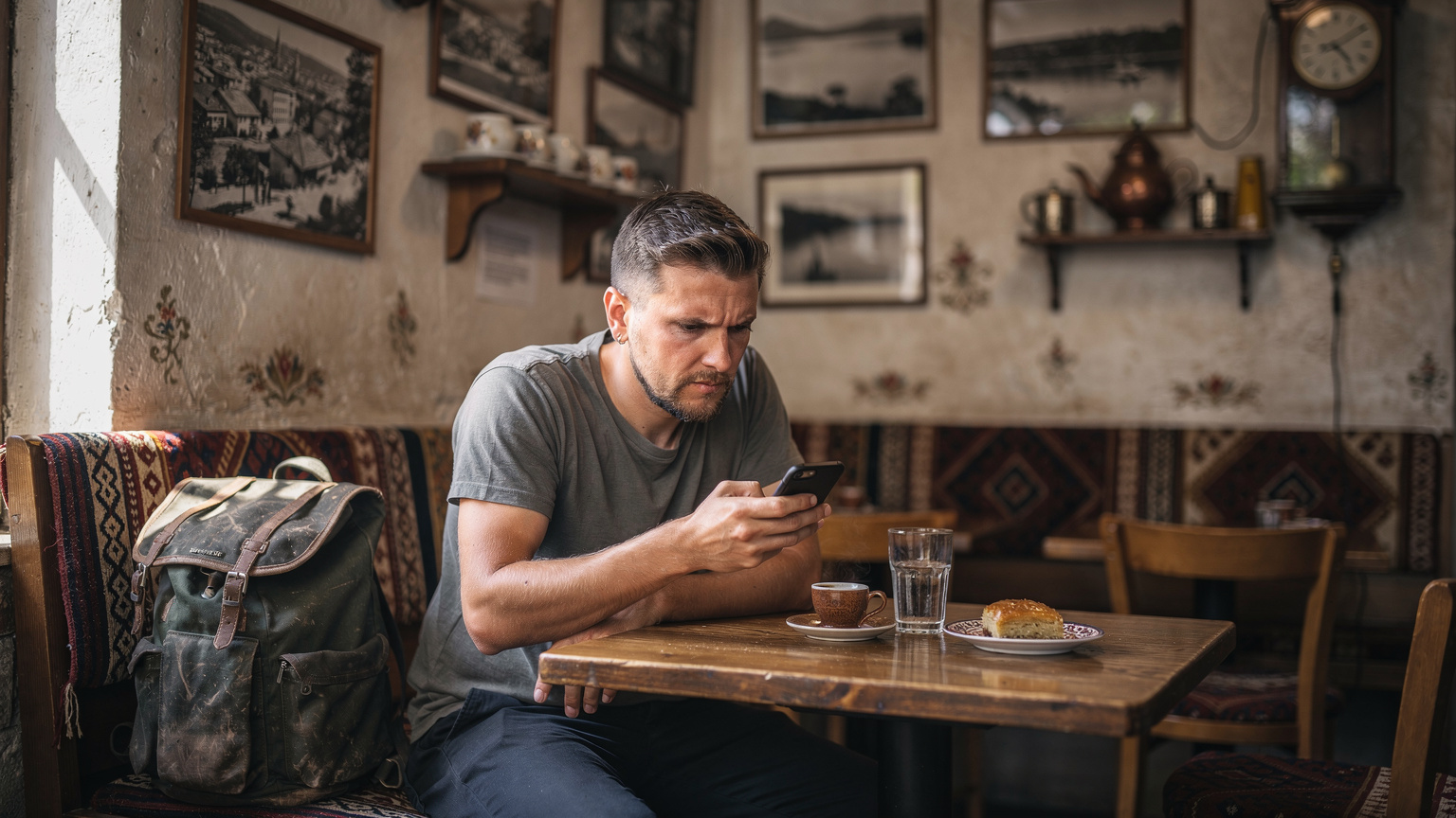 Ein Reisender sitzt in einem traditionellen Café in Ohrid, Nordmazedonien, und überprüft auf seinem Smartphone den Datenverbrauch, mit einer Tasse türkischem Kaffee und einem Stück Baklava auf dem Tisch.