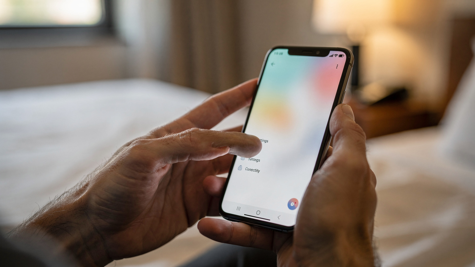 Nahaufnahme von Händen, die ein Android-Smartphone halten und durch das Einstellungsmenü blättern, um die eSIM-Optionen zu finden, mit unscharfem Hintergrund eines Hotelzimmers.