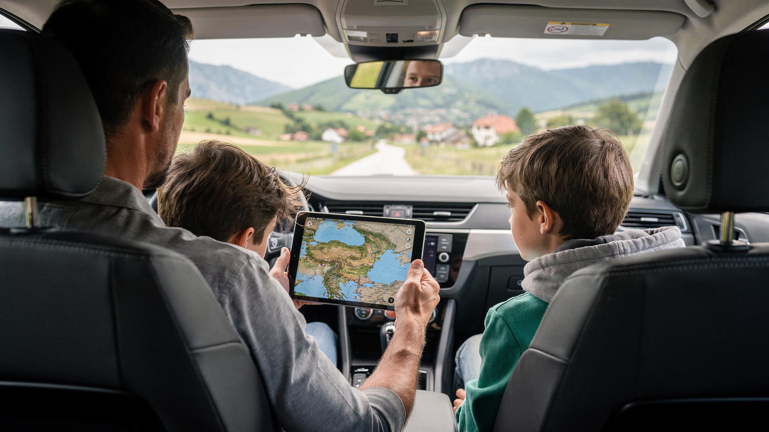 Ein Vater zeigt seinen beiden Kindern auf dem Rücksitz eines Autos auf einem iPad eine Karte der Balkanregion, während sie durch eine ländliche Landschaft fahren.