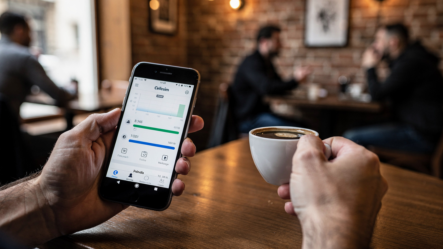 Nahaufnahme eines Smartphones, das eine Cellesim-App auf dem Bildschirm anzeigt, während eine Hand in einem Café in Belgrad, Serbien, eine Tasse Kaffee hält.