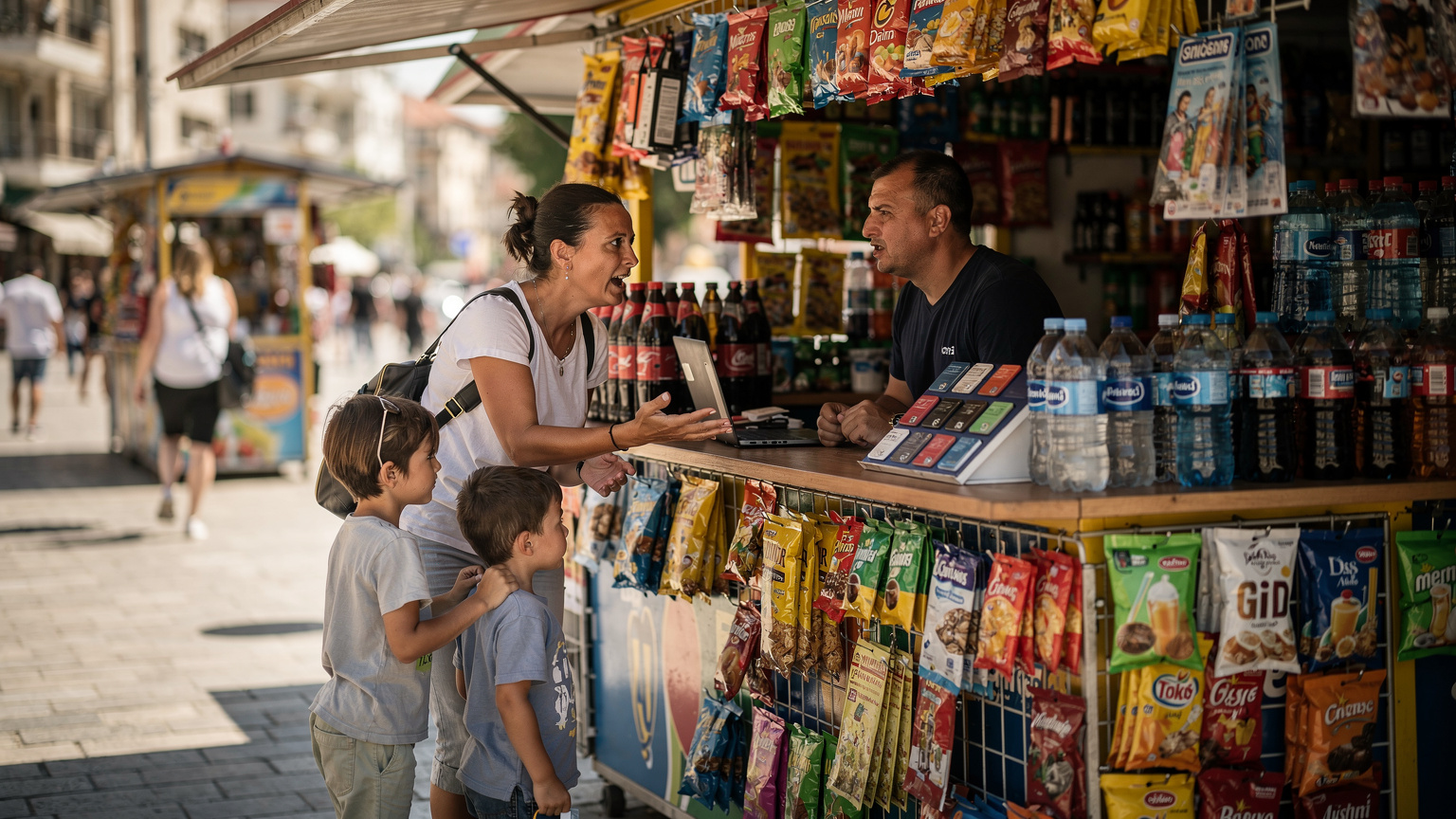 Eine Mutter versucht, an einem belebten Kiosk in Tirana, Albanien, eine lokale SIM-Karte zu kaufen, während ihre beiden kleinen Kinder ungeduldig an ihrer Seite stehen.