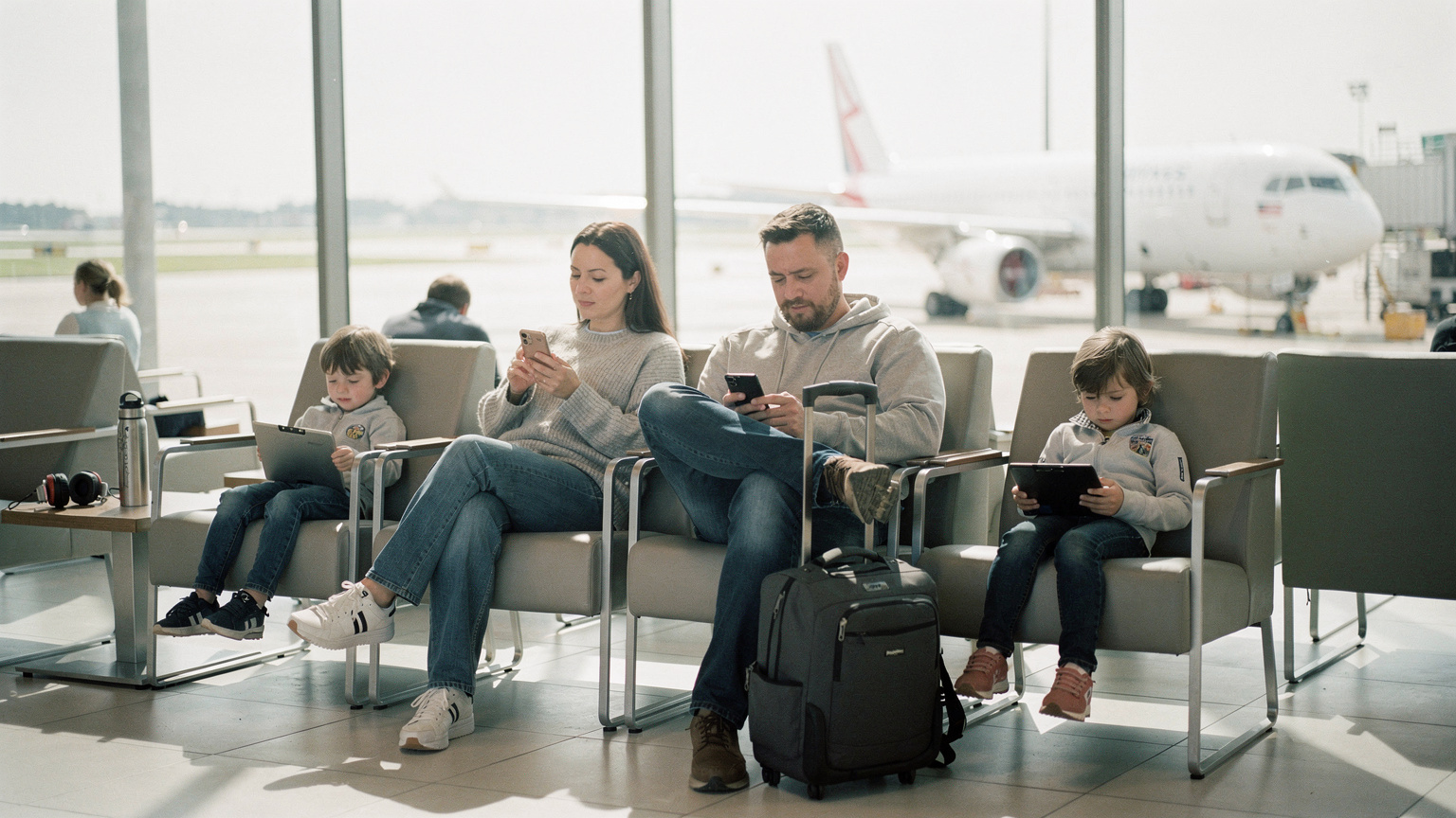 Una familia joven, con dos niños de 6 y 9 años y sus padres, sentada en una sala de espera de un aeropuerto moderno y luminoso. Los niños están absortos en sus tabletas, mientras los padres revisan sus teléfonos, con un avión comercial blanco visible a través de los grandes ventanales al fondo.