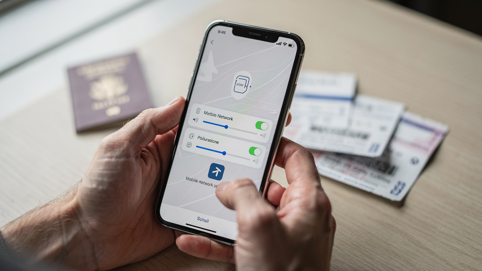 Primer plano de unas manos adultas sosteniendo un smartphone. La pantalla del teléfono muestra claramente el menú de configuración de red móvil, con la opción 'Añadir eSIM' destacada, indicando el proceso de activación. En el fondo, sobre una mesa de madera clara, se ven un pasaporte y varios billetes de avión doblados, sugiriendo la preparación para un viaje.