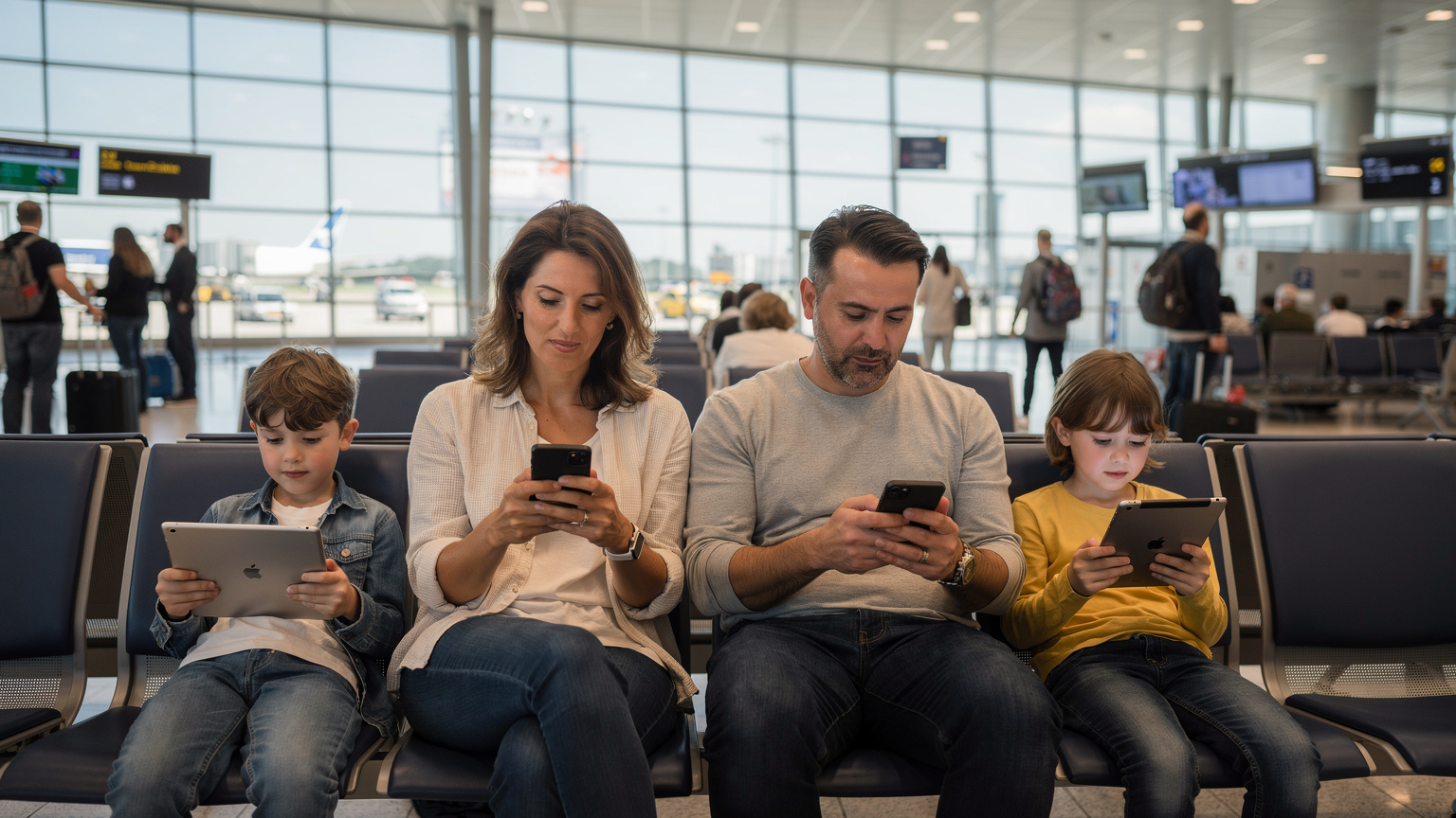 Una famiglia di quattro persone, inclusi due bambini, seduta in un affollato terminal dell'aeroporto di Fiumicino a Roma, tutti concentrati sui loro telefoni e tablet, la luce artificiale dell'ambiente si riflette sui loro schermi.