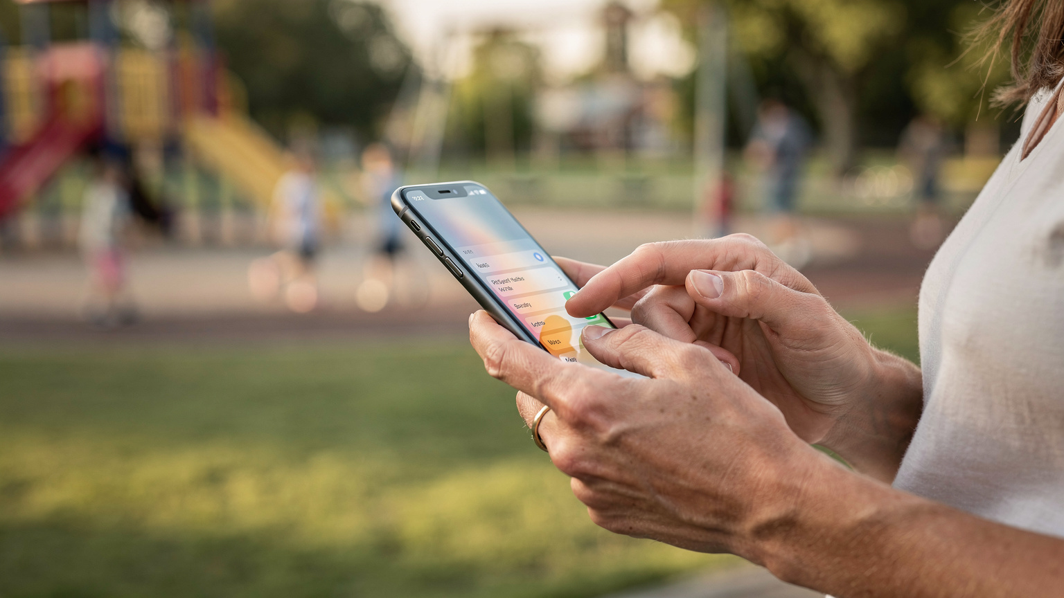 Un primo piano delle mani di una madre che configura un controllo parentale sullo schermo di un iPhone, con lo sfondo sfocato di un parco giochi all'aperto, la luce del sole crea un leggero bagliore sullo schermo.