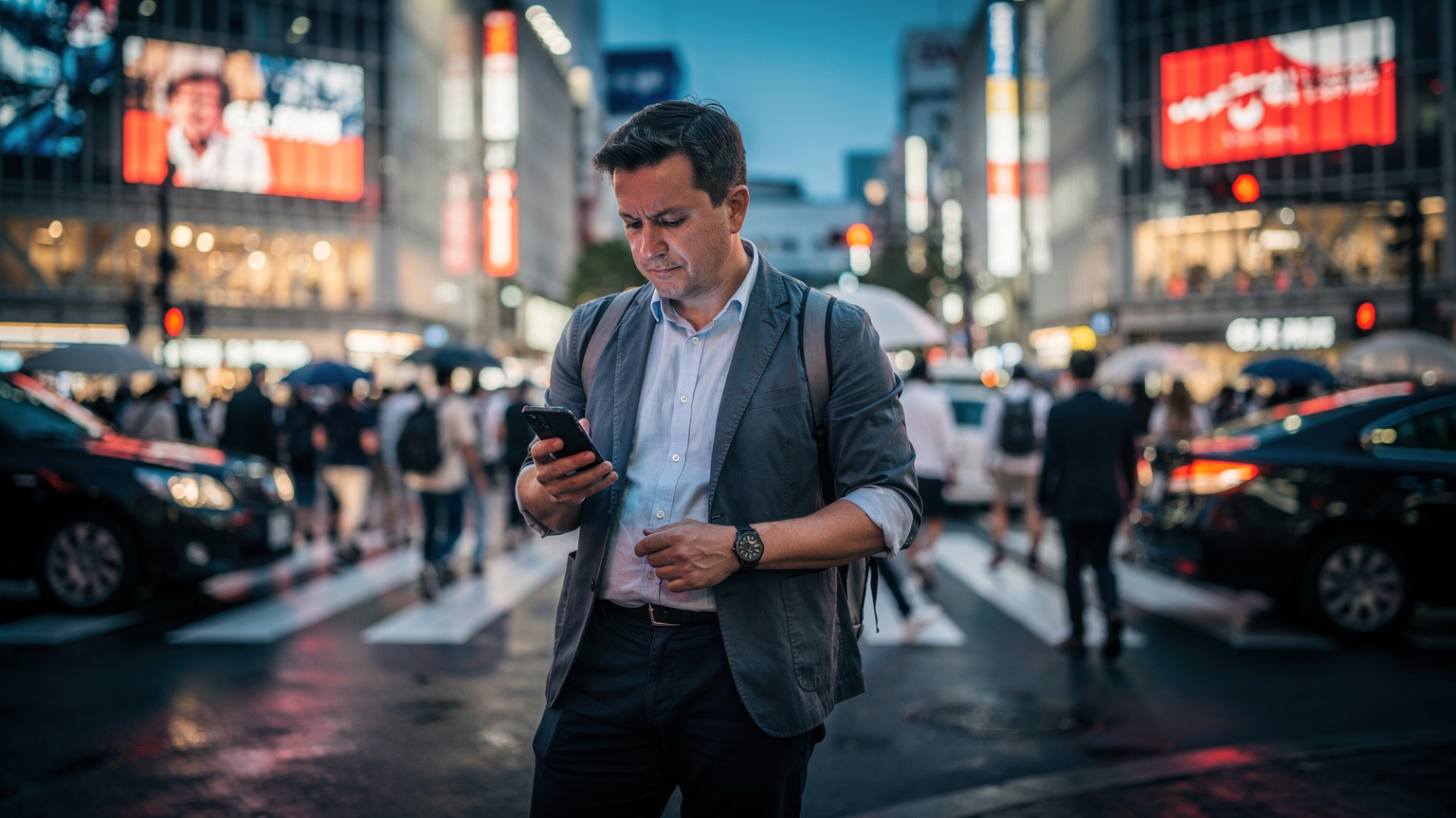 A traveler in the bustling Shinjuku district of Tokyo navigates using a smartphone, with neon signs and pedestrian crossings in the background, under evening city lights.