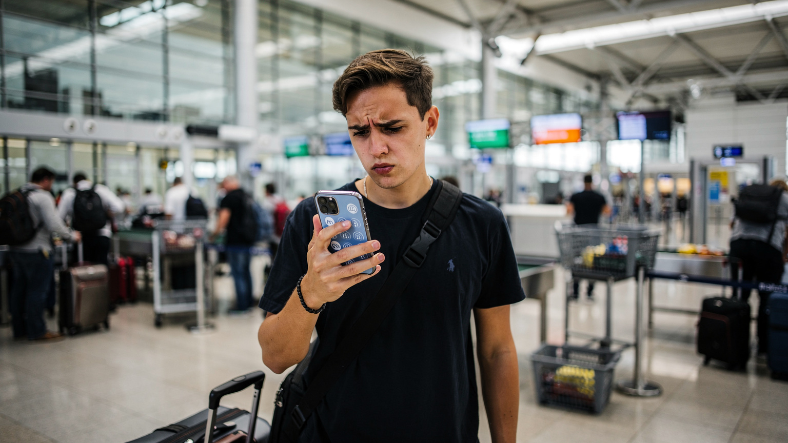 A traveler at a busy airport security checkpoint, looking concerned at their phone with a 'No Service' error, highlighting a common travel connectivity issue, with luggage and other travelers in the background, under bright airport lighting.