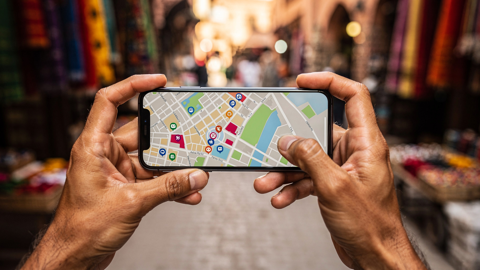 A close-up shot of hands holding a smartphone, with a focus on the screen displaying a map application, against the blurred background of a street market in Marrakech, Morocco, during daylight hours.