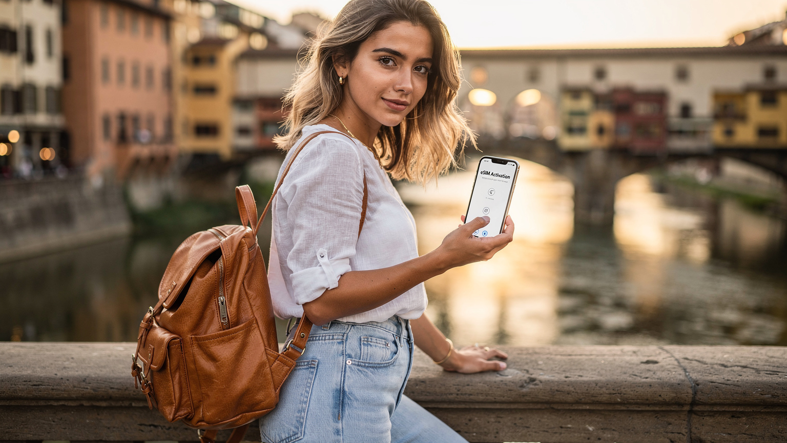 Traveler activating eSIM on phone with Ponte Vecchio in Florence background at sunset.
