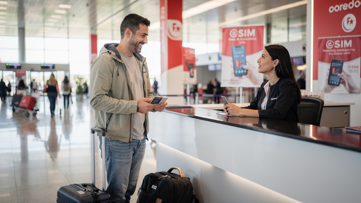Un voyageur souriant montre son passeport à un agent Ooredoo derrière un comptoir de service client dans un aéroport tunisien, avec des affiches promotionnelles d'eSIM en arrière-plan.