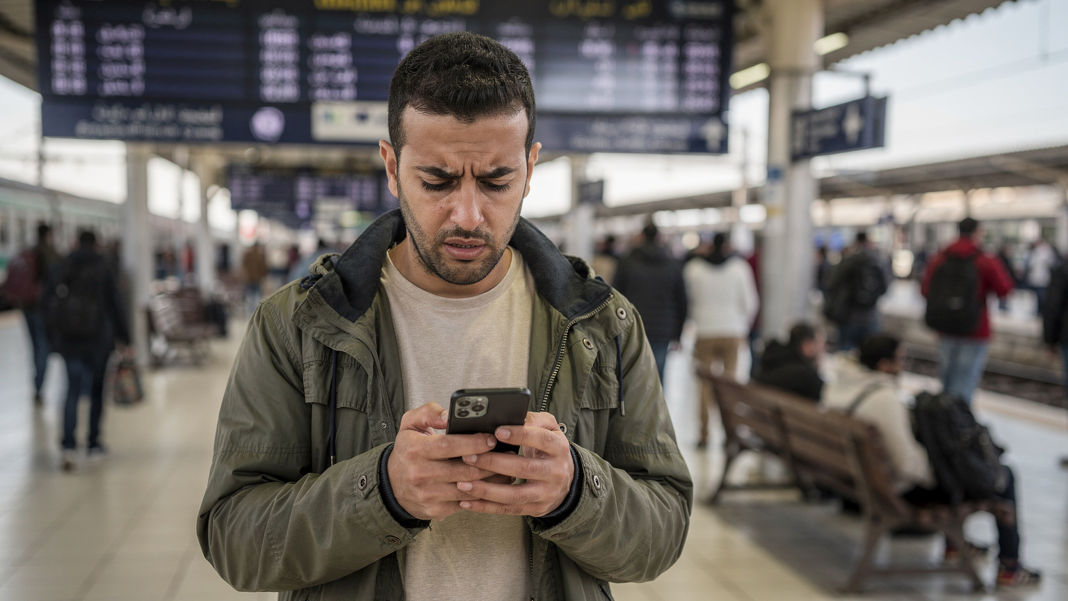 Un homme, l'air contrarié, tient son smartphone dans une gare ferroviaire tunisienne bondée, tentant de résoudre un problème de connexion mobile, avec des passagers et des panneaux d'affichage en arabe en arrière-plan.