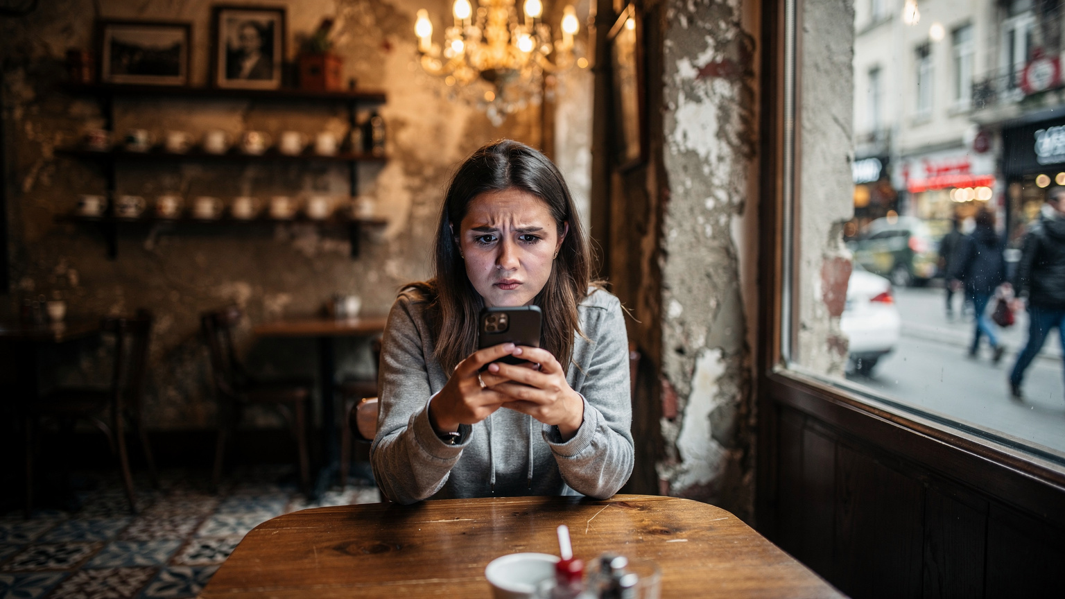 İstanbul'da tarihi bir kafede, elinde telefonunu tutarak düşük internet hızı nedeniyle endişeyle ekrana bakan genç bir kadın.