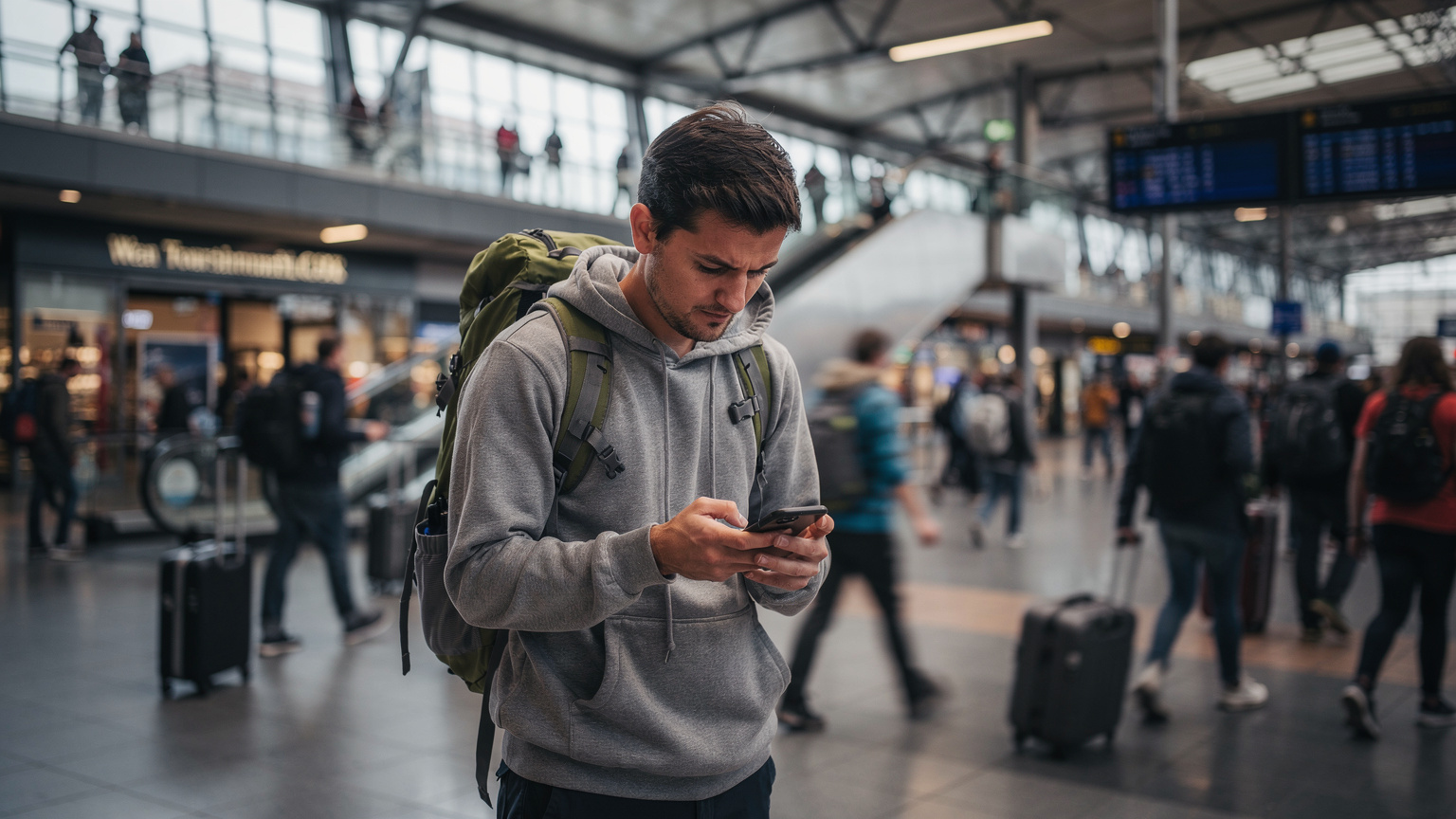Un călător obosit încearcă să găsească un hotspot Wi-Fi gratuit într-o gară aglomerată din Viena, având telefonul deschis pe setările de rețea.