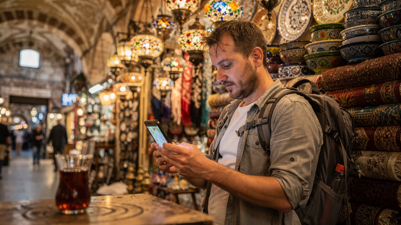 Un backpacker la un stand de suveniruri din Istanbul, folosind un telefon cu o interfață clară, care afișează o hartă. Se vede un ceai turcesc în prim plan.