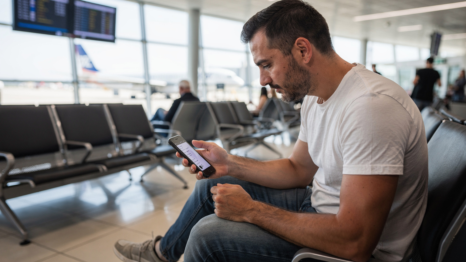 Un călător verifică opțiunea de adăugare eSIM pe un telefon Android, în timp ce așteaptă într-o sală de plecări a aeroportului Henri Coandă din București.