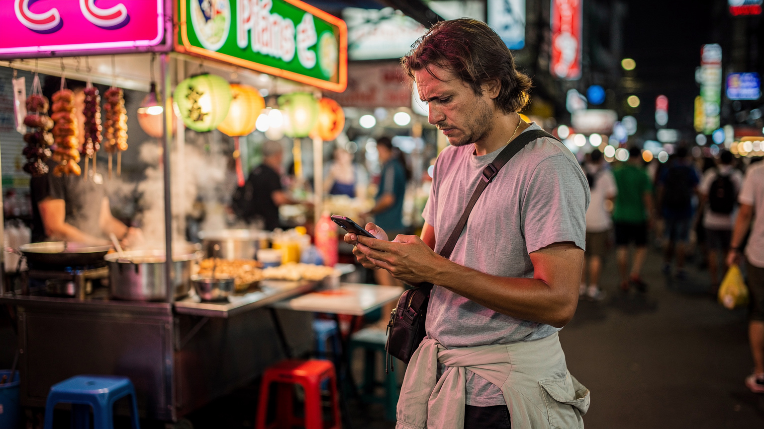 A person standing in front of a colourful street food stall in a bustling Bangkok night market, looking concernedly at their smartphone. The vibrant market lights illuminate their face and the phone screen, creating a contrast with the slight frustration evident in their expression.