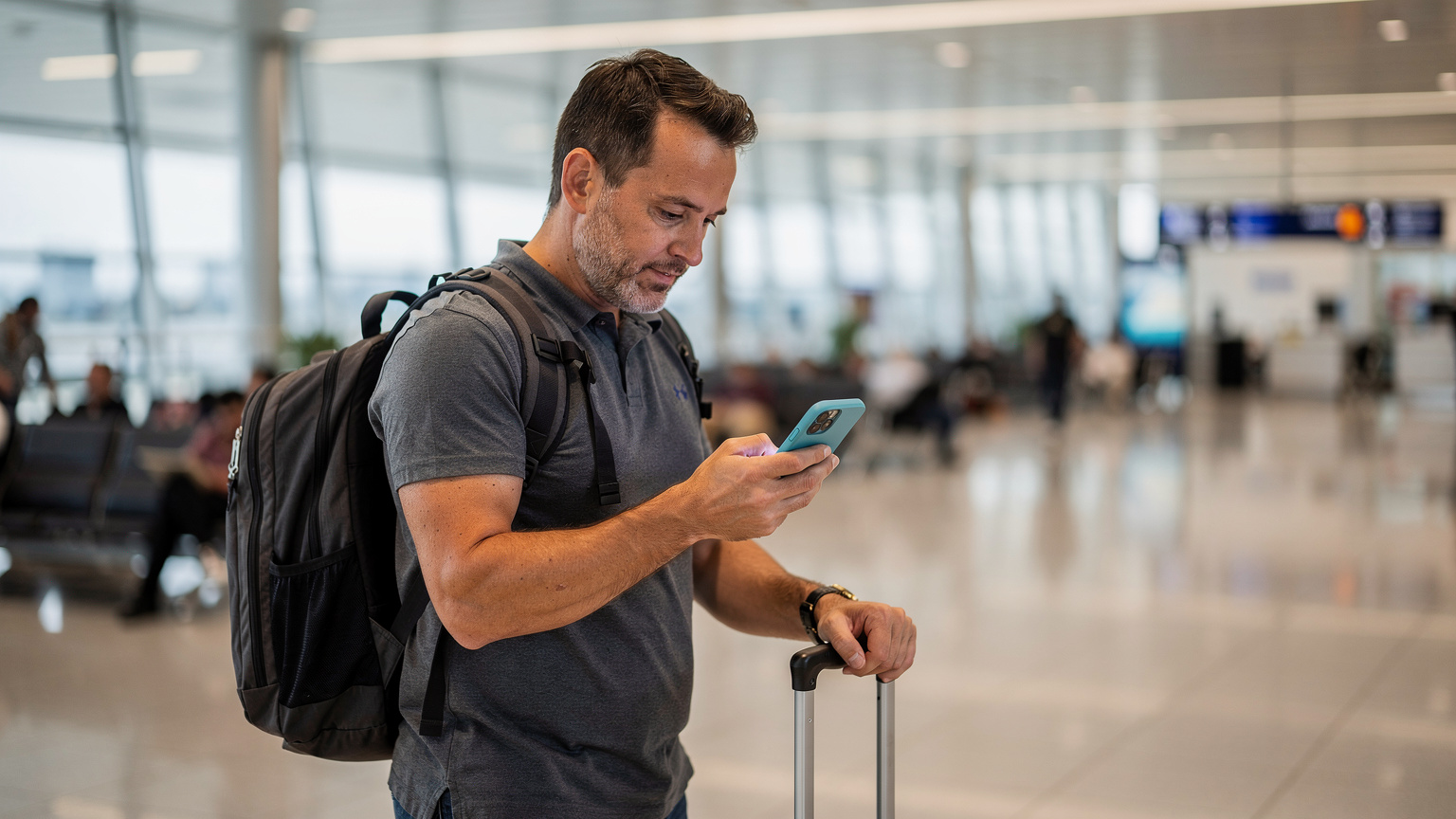 A traveler in a bustling airport lounge at Heathrow Terminal 5, with their smartphone held up, displaying a speed test app. Luggage is visible nearby, and other travelers are in the background, creating a sense of movement and transit.