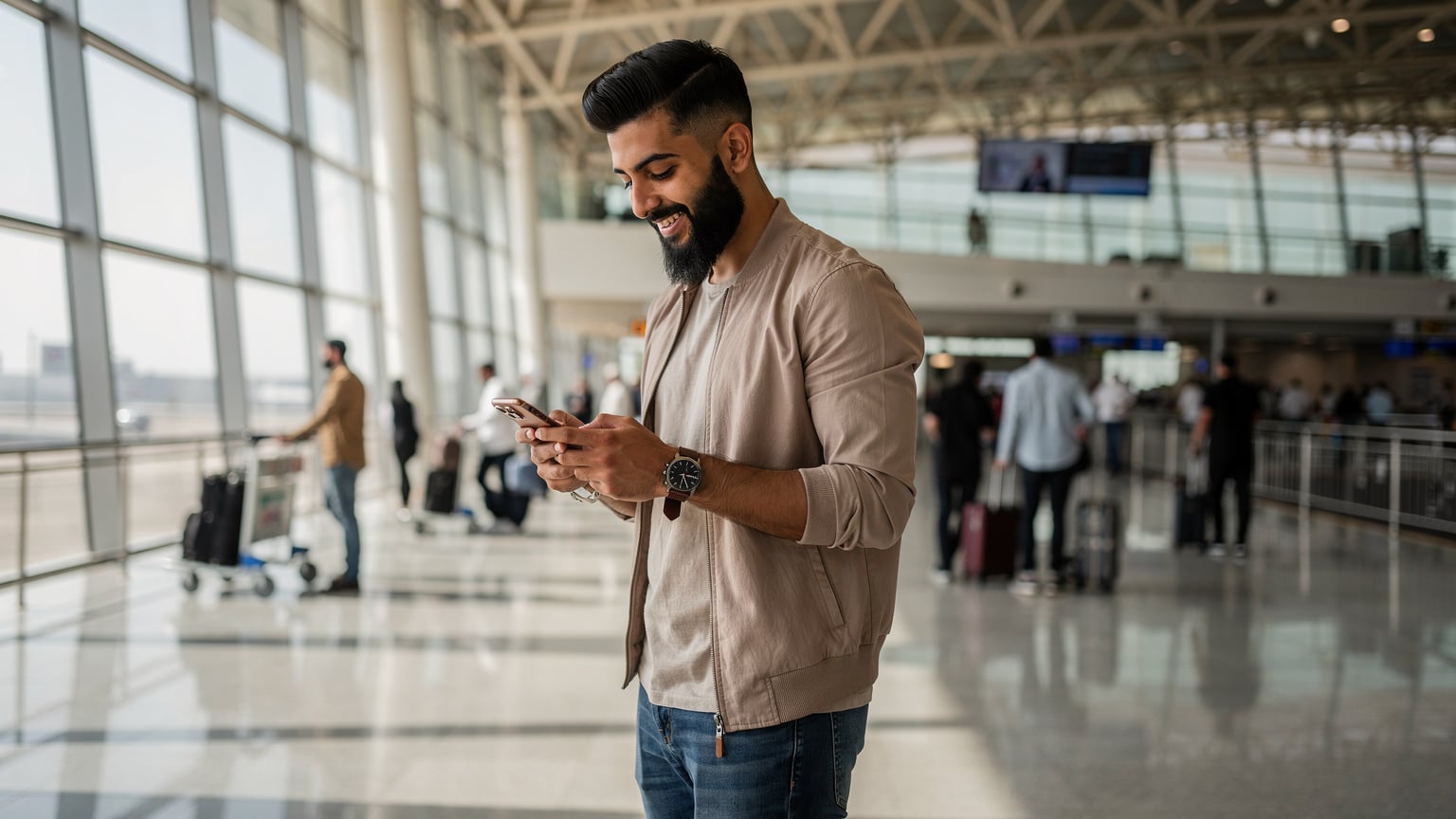 Arab man checks phone at Baghdad airport, natural light, 16:9, editorial travel tech photo