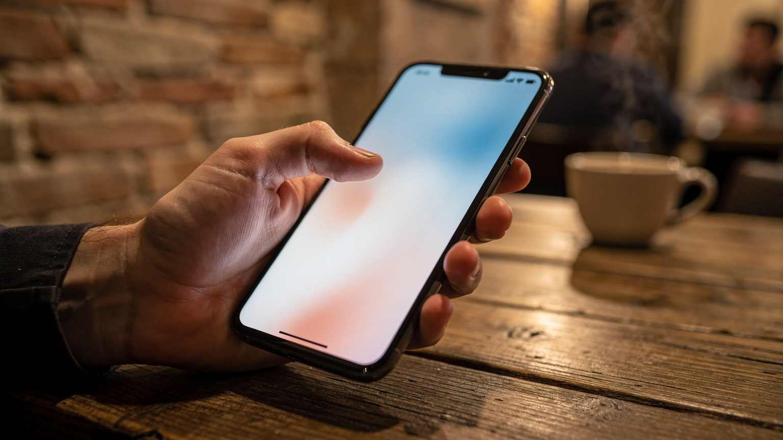 Eine Hand hält ein Android-Smartphone in einem Café in Belgrad, Serbien, und tippt auf den Bildschirm, um eine eSIM zu konfigurieren.