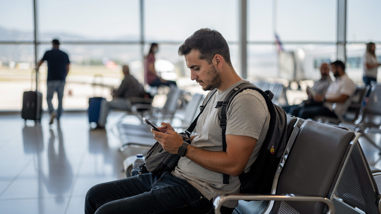 Ein Reisender im Flughafen Tirana, Albanien, aktiviert seine eSIM auf einem iPhone, während er auf seinen Flug wartet.