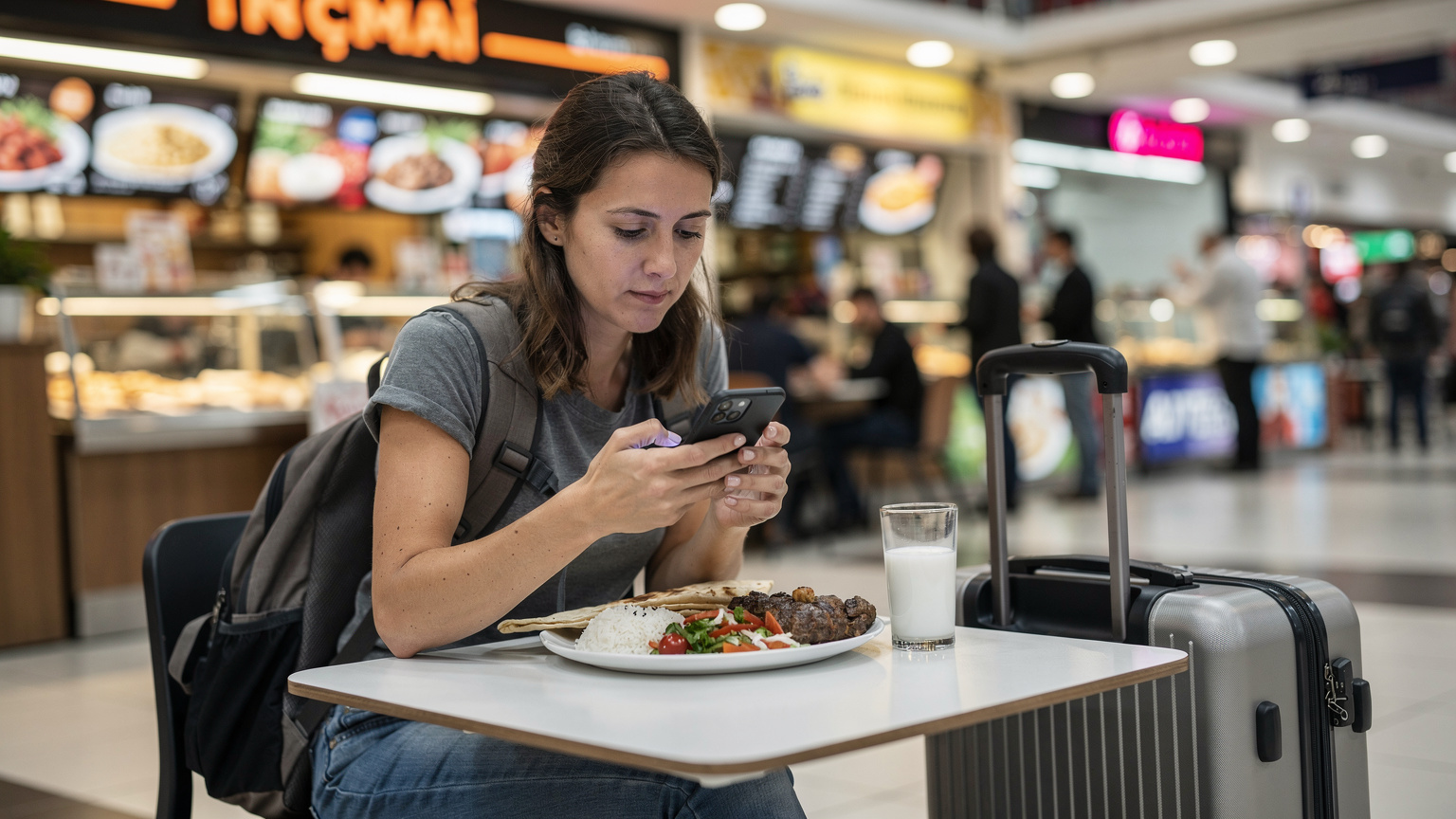 Un călător, cu o valiză și un rucsac, stă la o masă mică într-un food court aglomerat dintr-un centru comercial din Istanbul, cu o farfurie de kebab în față. Este concentrat pe ecranul telefonului său, care afișează o aplicație de cumpărare eSIM, cu mâna pregătită să atingă ecranul. Iluminarea este puternică, specifică unui spațiu interior comercial.