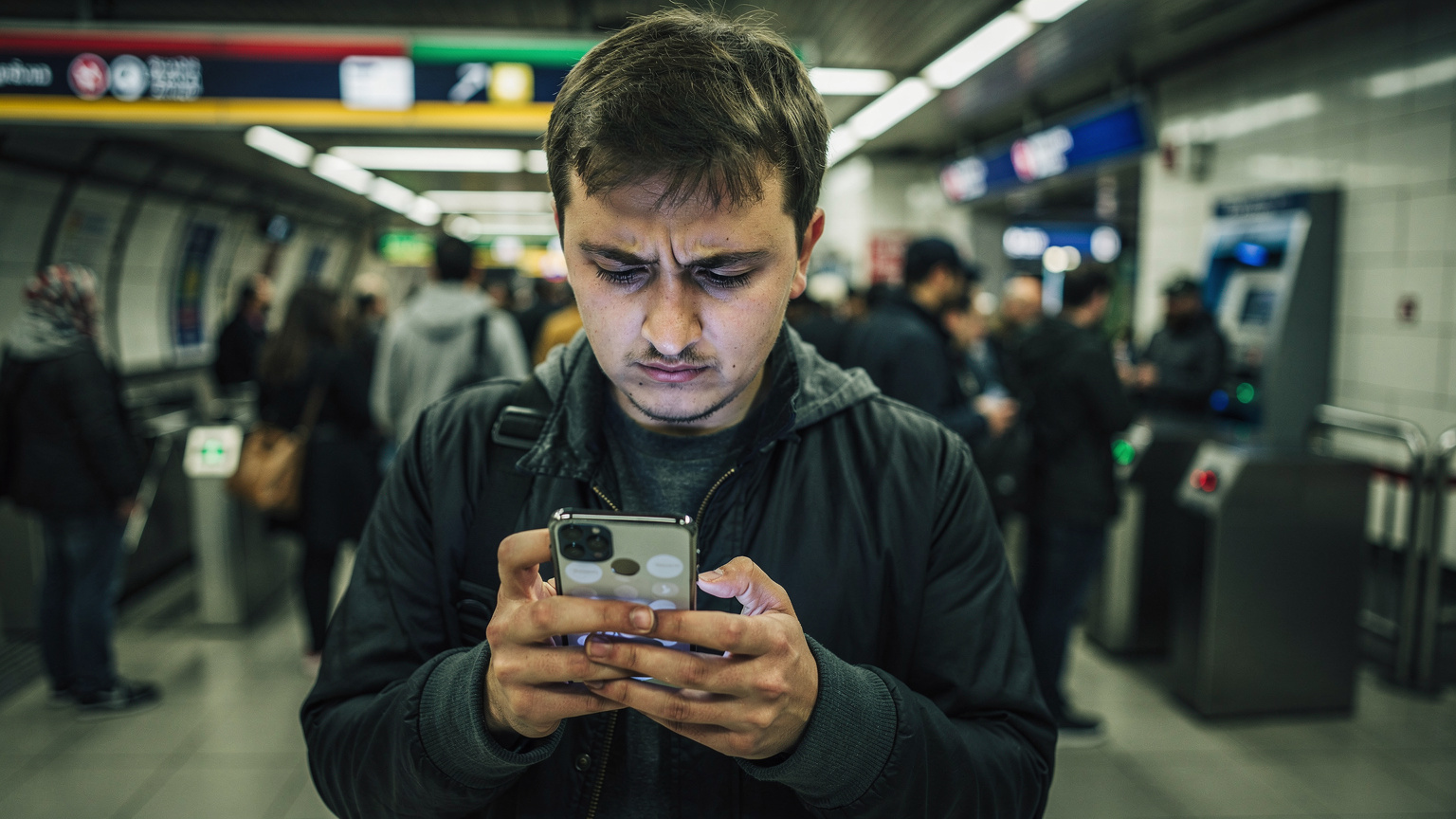 O persoană ține un smartphone în mână, verificând nivelul semnalului și datele mobile, în timp ce stă la o coadă lungă la un ghișeu de transport public (posibil pentru Istanbulkart) la o stație de metrou aglomerată din Istanbul. Chipul persoanei exprimă o ușoară frustrare sau îngrijorare. Iluminarea este fluorescentă, specifică unui spațiu public interior.