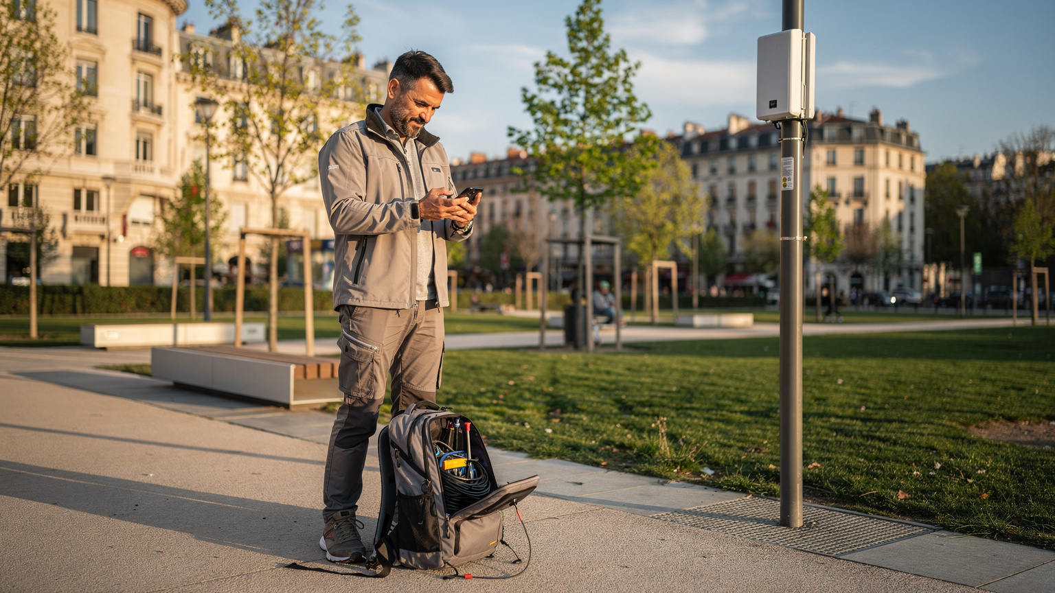 Un ingénieur télécom ajuste les paramètres réseau sur son smartphone alors qu'il se tient devant une antenne relais discrètement intégrée à un lampadaire dans un parc urbain, un sac à dos technique à ses pieds.
