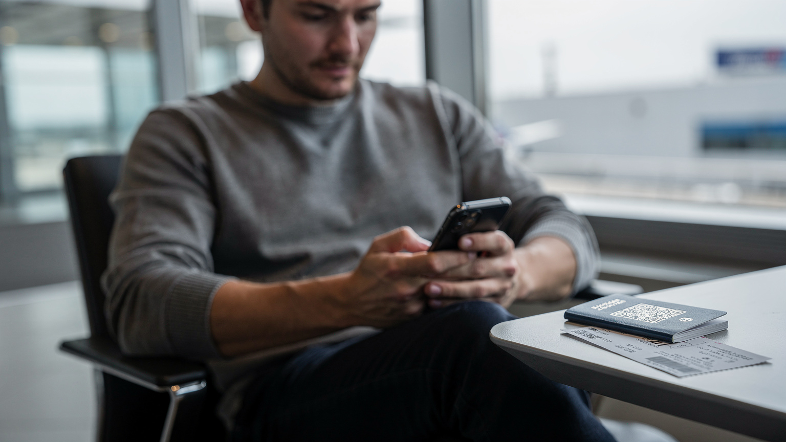 Un voyageur à l'aéroport Charles de Gaulle, regardant avec concentration son téléphone après avoir scanné un QR code eSIM, son passeport et ses billets posés sur une table basse.