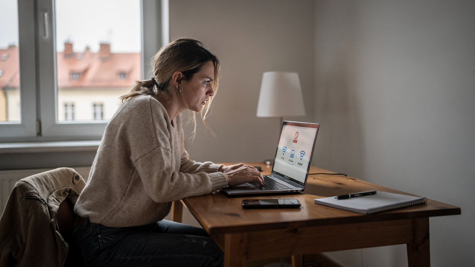 Жінка сидить у кімнаті орендованої квартири в Празі, Чехія, і намагається підключитися до Wi-Fi, на її ноутбуці відображається відсутність інтернет-з'єднання, що викликає розчарування на її обличчі.